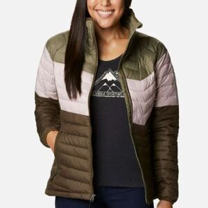 Columbia Powder Lite Blocked Jacket, Stone Green/Mineral Pink/Olive Green S NWT